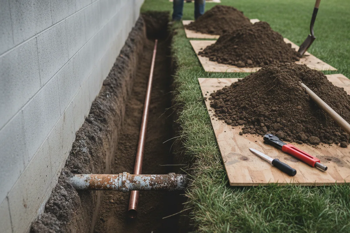 Excavated water line trench during Sewer Line Repair in Ashland